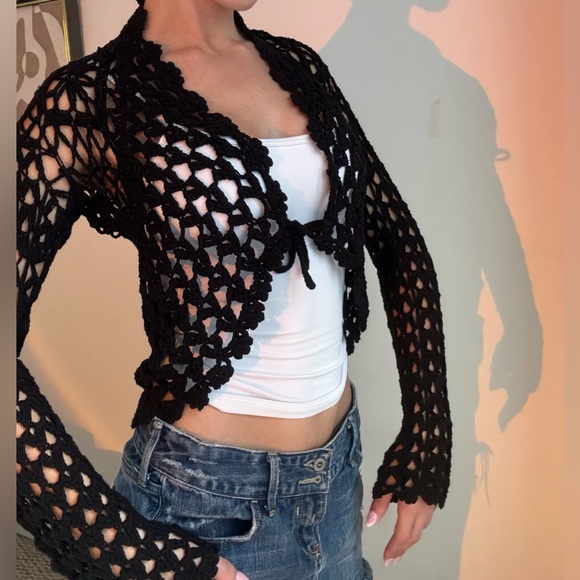Beautiful crochet black cardigan size small - Picture 2 of 3